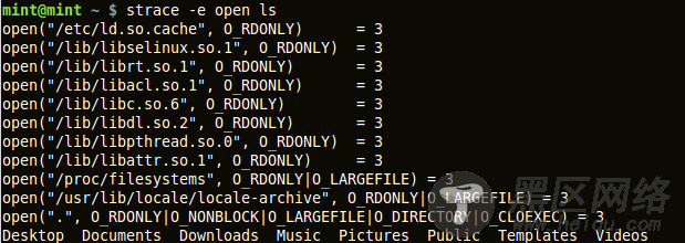 output of strace filtering only the open system call