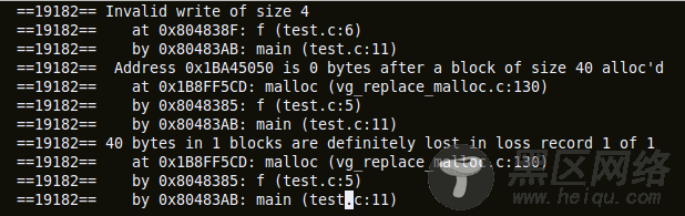 output of valgrind showing heap block overrun and memory leak