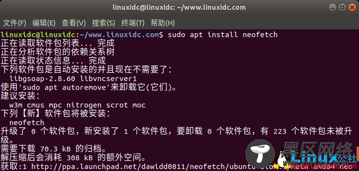 使用Neofetch在终端中显示Linux Ubuntu系统信息