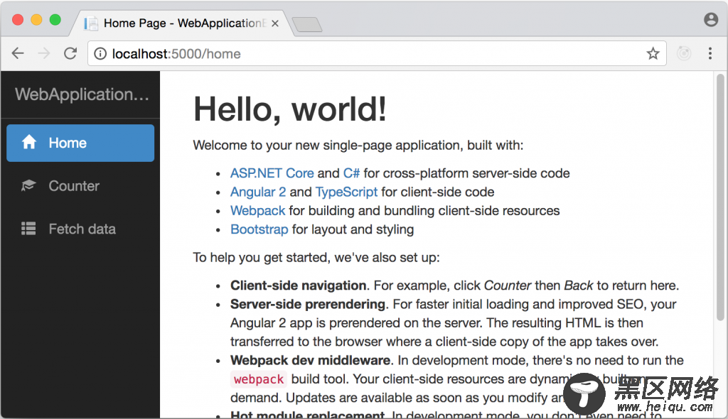 Generated Angular application homepage