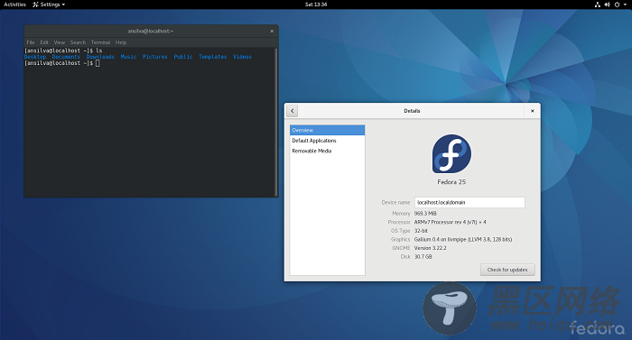 树莓派 3 上的 Fedora 25 workstation、 GNOME 版本