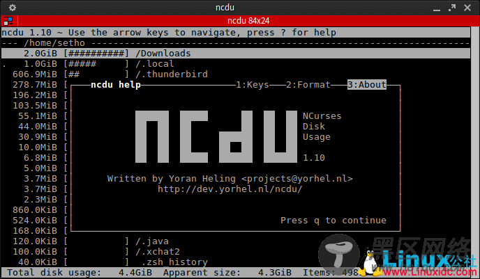 ncdu – 基于ncurses库的磁盘使用分析器