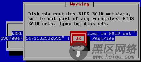 CentOS 6.2出现Disk sda contains BIOS RAID metadata解决方法