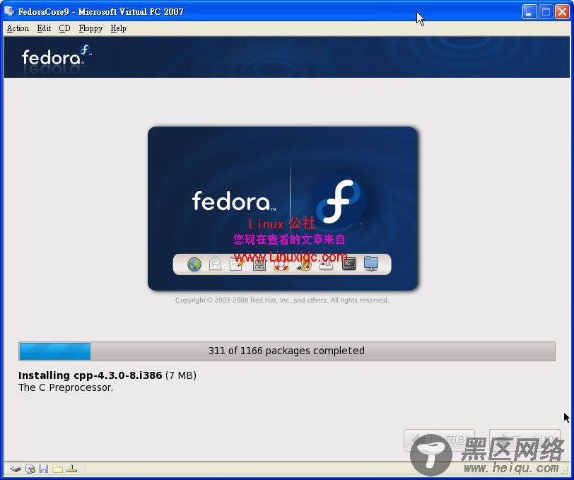 在Virtual PC 2007虚拟机下安裝Fedora Core 9全程图解