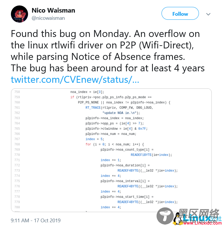 一个未修复的Linux漏洞发现，可通过WiFi攻击目标计算机