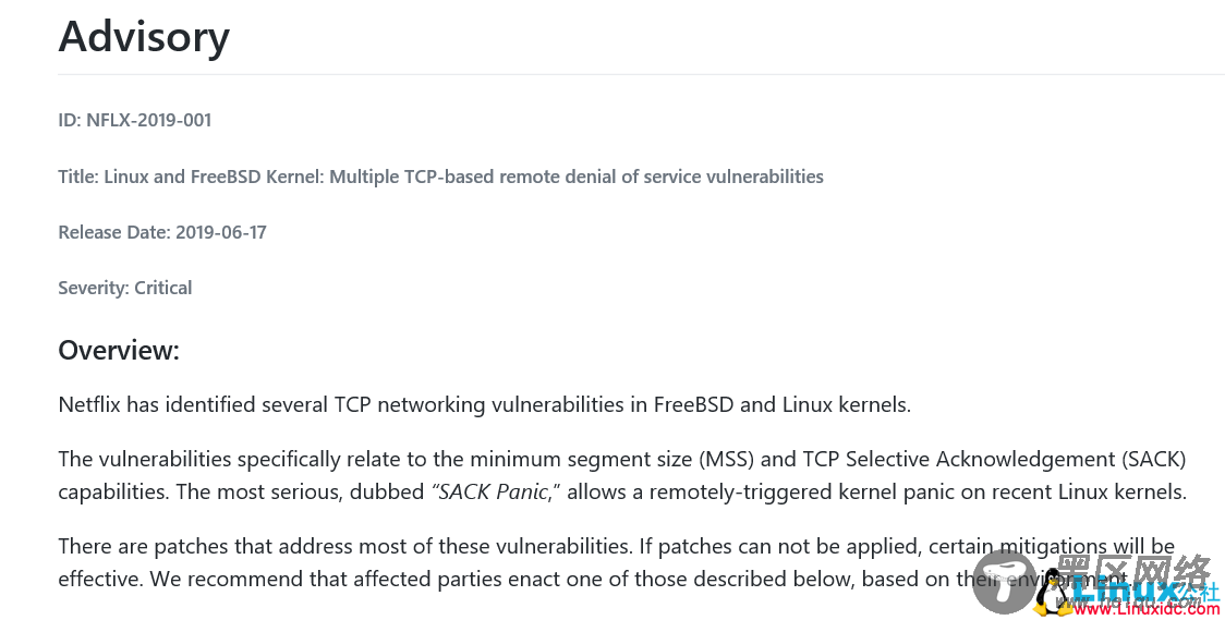 Linux 曝出 TCP 拒绝服务漏洞