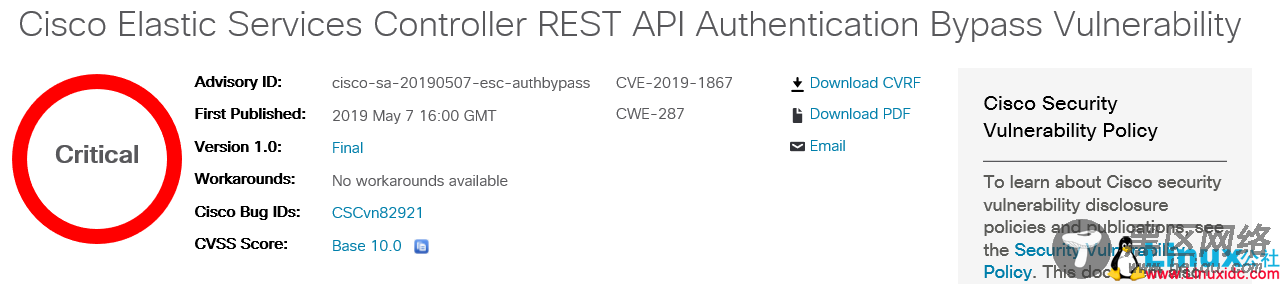 CVE-2019-1867：Cisco Elastic Services Controller RE