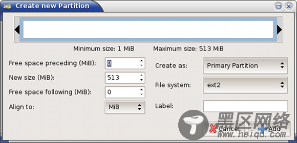 GUI GParted 工具中的 Create new Partition 窗口，显示了设置对齐策略的 Align to 字段