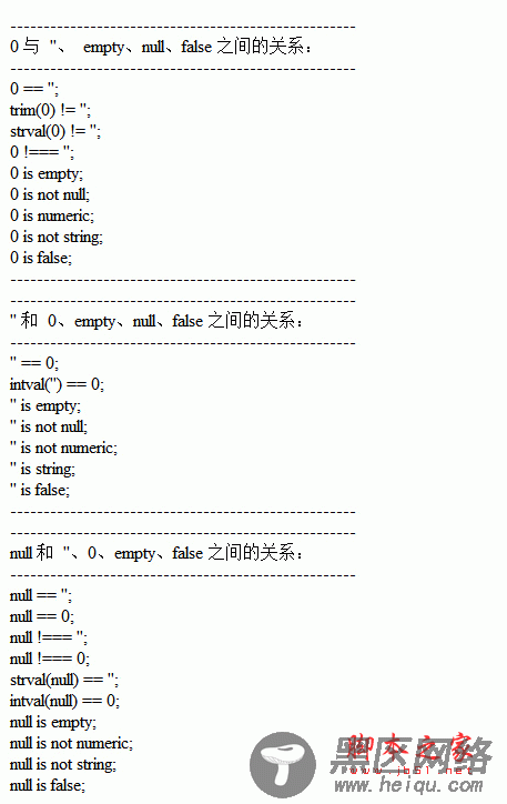 PHP中空字符串介绍0、null、empty和false之间的关系