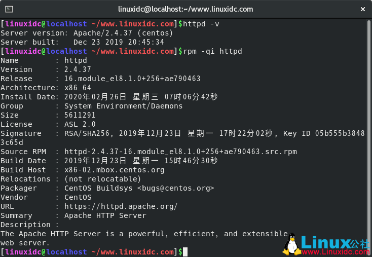 CentOS 8.1下搭建LAMP(Linux+Apache+MySQL+PHP)情况