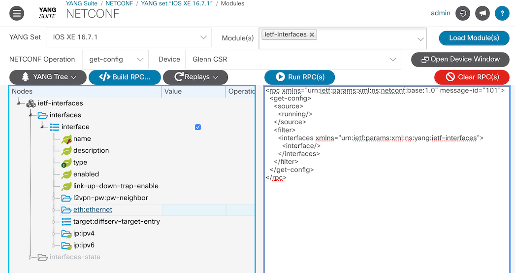 Screenshot showing the selected YangModel, various parameters such as the selected value, mode, datastore, and RPC window with the RPC textbox displaying the RPC