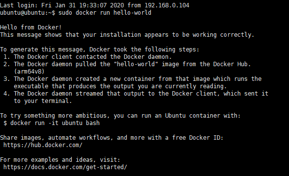 Docker在树莓派的安装与使用（Ubuntu Arm Server v19.10） 